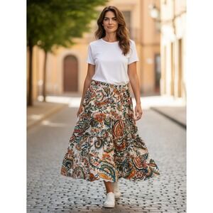 Halogen Tiered Maxi Skirt XL Multicolor Paisley Floral Smocked Waist Rayon Boho